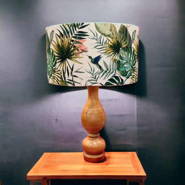 Green hummingbird TROPICAL drum lampshade with birds in botanical jungle palm and banana leaves gold lining 15cm to 45cm