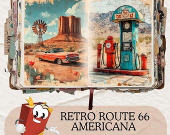 Retro Route 66 Americana Junk Journal Kit | Vintage Road Trip Printable Paper | Route 66 Junk Journal supplies| Ephemera pack