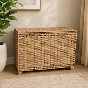May include: A rectangular storage chest featuring a light tan woven wicker exterior with a flat lid. The structure is supported by four short, sturdy feet and displays a consistent, tight lattice pattern across the front and top surfaces.