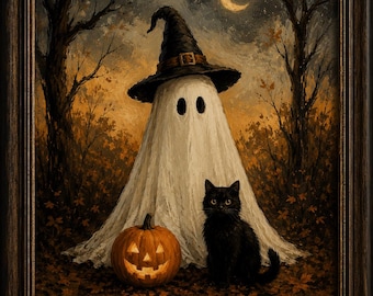 Vintage Halloween Print, Ghost, Black Cat, Autumn Forest (A3 PDF)