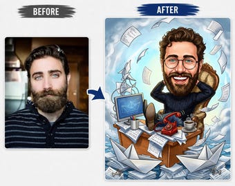 Personalized Office Worker Caricature Portrait from Photo | Custom Funny Office Wall Art | Boss Gift | Coworker Cartoon Portrait