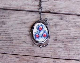 English Copeland Pendant, Floral Vintage Broken China Pendant, Antique Stained Glass Necklace