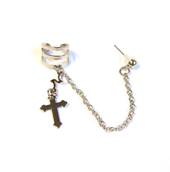 Items similar to Cross ear cuff with chain silver ear cuff on Etsy