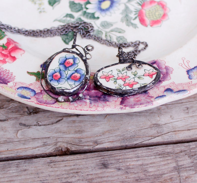 Vintage Copeland Pendant, Floral Antique Broken China Pendant, Stained Glass Necklace image 4