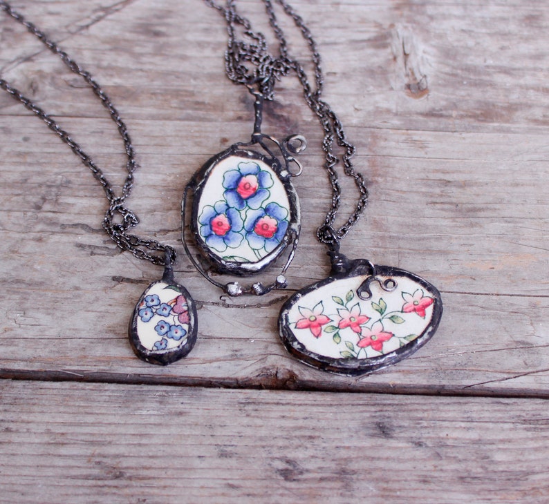 Vintage Copeland Pendant, Floral Antique Broken China Pendant, Stained Glass Necklace image 6