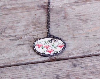 Vintage Copeland Pendant, Floral Antique Broken China Pendant, Stained Glass Necklace