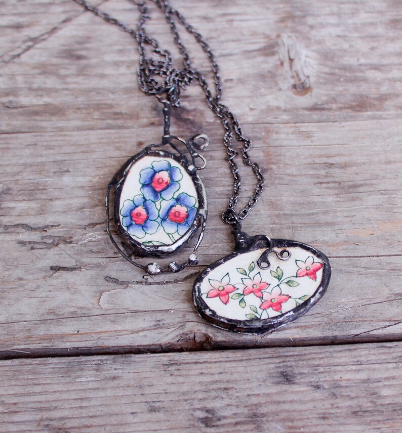 Vintage Copeland Pendant, Floral Antique Broken China Pendant, Stained Glass Necklace image 5