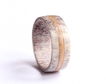 Oak Wood Ring, Mens Antler Wedding Ring With Oak Wood Inlay,  Deer Antler Wedding Band
