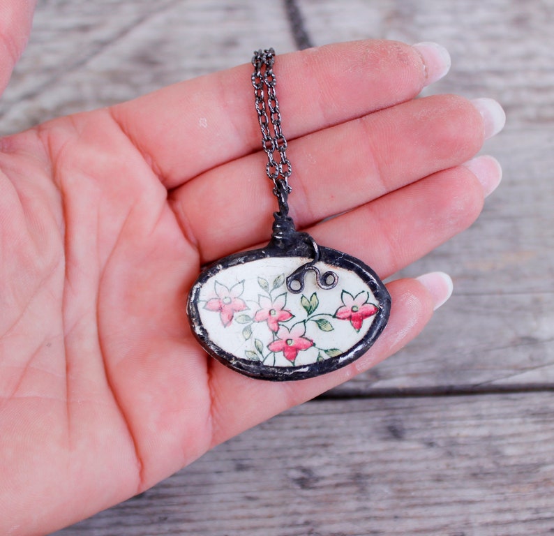 Vintage Copeland Pendant, Floral Antique Broken China Pendant, Stained Glass Necklace image 2