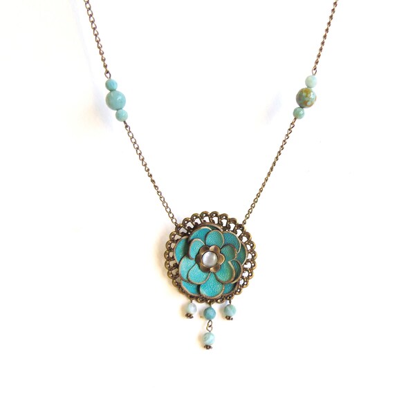 Aqua leather floral necklace with Agate beads