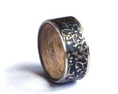 Whiskey Barrel and Floral Silver Mens Ring, Rustic Wedding Band
