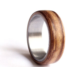 Mens Wedding Ring, Titanium Ring, Stainless Steel Wedding Band, Zebrano Wood Wedding Ring,