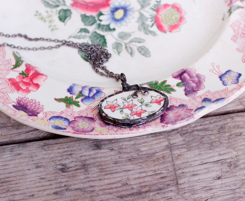 Vintage Copeland Pendant, Floral Antique Broken China Pendant, Stained Glass Necklace image 3