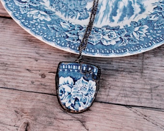 Blue Broken Plate Pendant, IronStone Floral Vintage Broken China Pendant, Stained Glass Necklace