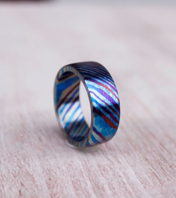 Damascus Mens Ring Rustic Timascus Wedding Band Wedding | Etsy