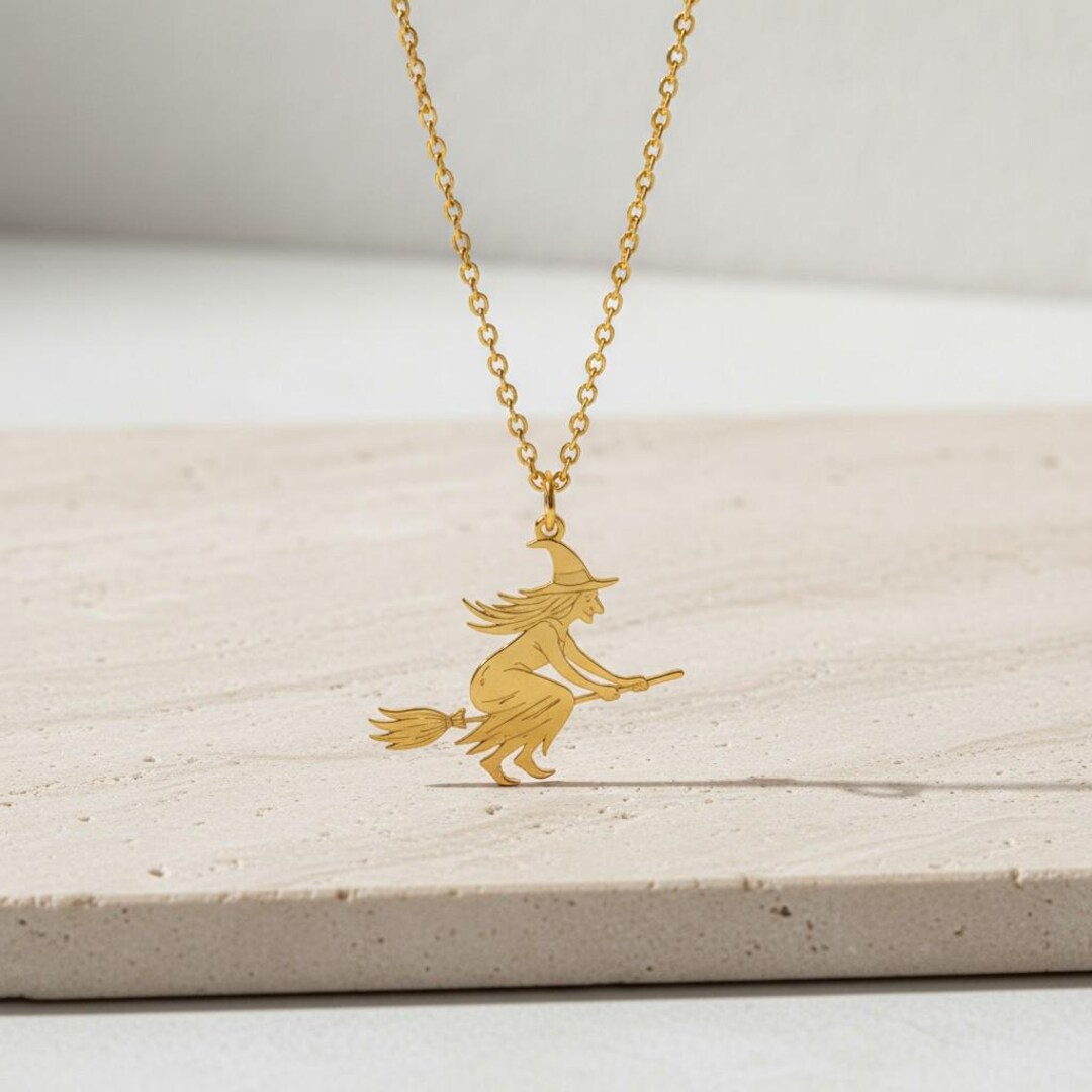 Witch on Broomstick Necklace | Halloween Witchcore Charm - Etsy