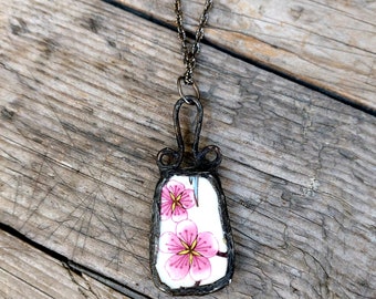 Floral Vintage Broken China Pendant, James Kent Old Foley, Antique Stained Glass Necklace