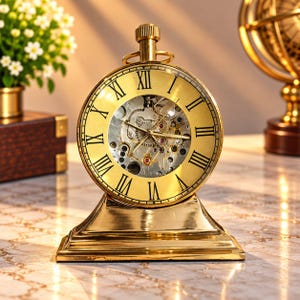 May include: A gold-toned table clock with a circular face, Roman numerals, and a visible mechanical skeleton movement. The clock features a metallic finish, a winding crown at the top, and a wide, tiered rectangular base for stability.