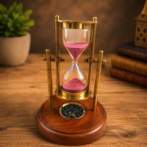 Peut inclure: Un sablier en laiton avec du sable rose maintenu dans un cadre rotatif, monté sur une base circulaire en bois intégrant une boussole magnétique avec un cadran noir et des marquages blancs, indiquant les directions et les degrés.
