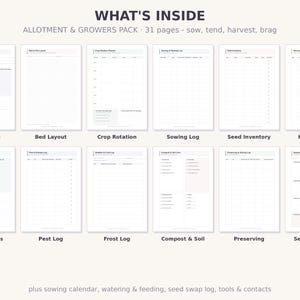 May include: A digital planner set titled WHAT'S INSIDE ALLOTMENT & GROWERS PACK 31 pages - sow, tend, harvest, brag. It displays twelve white pages with black text and grid layouts including Plot Profile, Bed Layout, Crop Rotation, Sowing Log, Seed Inventory, Harvest Log, Monthly Jobs, Pest Log, Frost Log, Compost & Soil, Preserving, and Season Review.