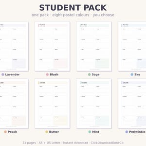 May include: A student pack of eight weekly planner pages in pastel colors including lavender, blush, sage, sky, peach, butter, mint, and periwinkle. Each page features a weekly layout with lined sections for days of the week and a notes area.