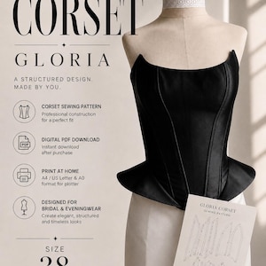 Puede incluir: Un corsé negro sobre un maniquí con una gargantilla de encaje blanco. El texto dice: PDF SEWING PATTERN CORSET GLORIA A STRUCTURED DESIGN. MADE BY YOU. CORSET SEWING PATTERN, DIGITAL PDF DOWNLOAD, PRINT AT HOME, SIZE 38.