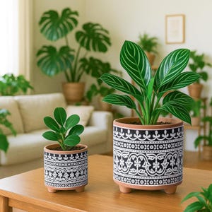 Set of 2 Terracotta Plant Pots | Hand-Painted Black Floral Lace Design, Three-Legged Planters