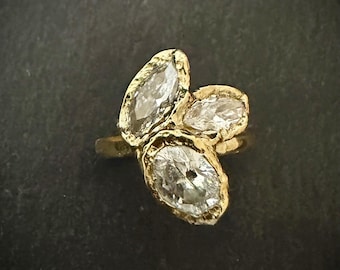 Three Stone Moisonite Engagement Ring, Marquise Oval Diamonds, Yellow Gold Bezel Set