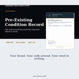 Puede incluir: Una plantilla digital para un sistema de servicio de vehículos Pre-Existing Condition Record. El documento incluye campos para detalles del cliente, información del vehículo y una cuadrícula para notas de inspección. Disponible en PDF y Word.