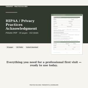 Pode incluir: Um documento digital intitulado HIPAA / Privacy Practices Acknowledgment, com 18 páginas e 162 campos preenchíveis. O layout inclui seções para informações da prática, distribuição de práticas de privacidade e informações do cliente.