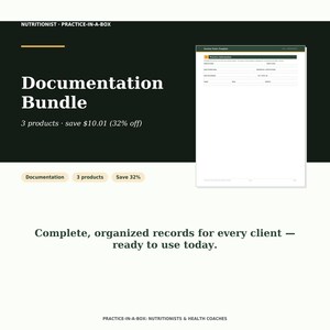 May include: A digital documentation bundle for nutritionists featuring a practice-in-a-box template. The graphic displays the text Documentation Bundle, 3 products, save $10.01 (32% off), and Complete, organized records for every client—ready to use today.
