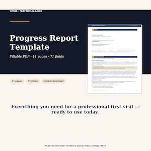 May include: A digital Progress Report Template for tutors, featuring a fillable PDF document with 11 pages and 71 fields. The layout includes sections for student progress, summaries, and a quick reference snapshot, all presented on a dark blue background.