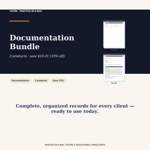 May include: A digital documentation bundle for tutors and educational consultants featuring three products. The dark blue graphic displays the text Documentation Bundle, 3 products, save $10.01 (33% off), and Complete, organized records for every client.