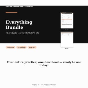 Peut inclure: Un ensemble de produits numériques intitulé Everything Bundle pour entraîneurs personnels, comprenant 13 produits. Le graphique inclut deux aperçus de documents étiquetés PT-01 et PT-02, avec le texte Your entire practice, one download — ready to use today.