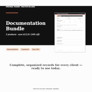 May include: A digital documentation bundle for personal trainers featuring a session log and workout result template. The document includes sections for warm-up, exercise logs, cool down, and client observations, presented on a clean white background.