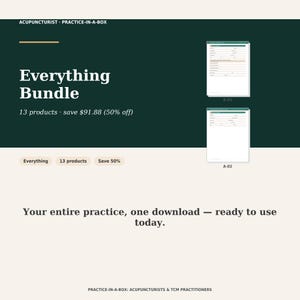 May include: A digital bundle for acupuncturists titled Practice-in-a-Box Everything Bundle, featuring 13 products. The graphic includes two document previews labeled A-01 and A-02, with text stating Your entire practice, one download — ready to use today.