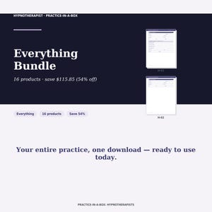 May include: A digital bundle for hypnotherapists titled Everything Bundle, featuring 16 products. The dark blue graphic displays the text Hypnotherapist Practice-in-a-Box, 16 products, save $115.85, and Your entire practice, one download — ready to use today.