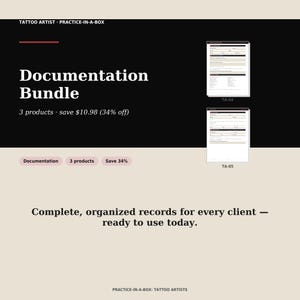 May include: A digital documentation bundle for tattoo artists featuring two document templates labeled TA-04 and TA-05. The black and beige graphic includes the text Tattoo Artist Practice-in-a-Box, Documentation Bundle, 3 products, and save $10.98.