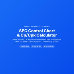 May include: A bright blue digital graphic for Ordexa Control Chart Studio featuring the text SPC Control Chart & Cp/Cpk Calculator. It includes instructions to paste data for automatic Excel charts and reports, plus buttons for automatic charts, Cp, Cpk, Pp, Ppk, and no add-ins required.
