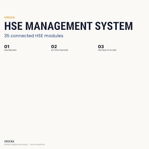Peut inclure: Un document numérique intitulé ORDEXA HSE MANAGEMENT SYSTEM avec 35 modules HSE connectés. Il liste trois fonctionnalités numérotées : 01 DASHBOARD, 02 ACTION TRACKER et 03 HSE HEALTH SCORE. Le texte en bas indique ORDEXA Instant digital download Excel workbook.