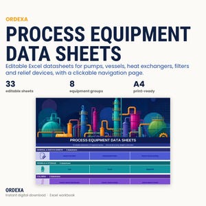 以下が含まれることがあります： ORDEXA Process Equipment Data Sheets デジタルExcelワークブック。8つの機器グループにわたる33枚の編集可能なシートを収録。パイプや容器のカラフルな産業用イラストと、A4印刷対応のクリック可能なナビゲーションページが含まれています。