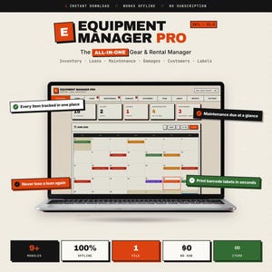 May include: A laptop screen displaying the Equipment Manager Pro software interface, featuring a calendar view, inventory tracking, and maintenance modules. The design includes orange and green accents with text labels highlighting features like tracking items, maintenance alerts, and barcode printing.