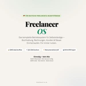 Może przedstawiać: Grafika produktu cyfrowego zatytułowana Freelancer OS dla niemieckich freelancer&oacute;w. Zawiera tekst opisujący funkcje takie jak księgowość, fakturowanie i zarządzanie podatkami, z ikonami na jasnym tle.