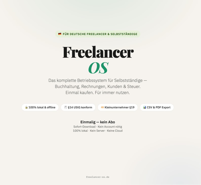 Może przedstawiać: Grafika produktu cyfrowego zatytułowana Freelancer OS dla niemieckich freelancer&oacute;w. Zawiera tekst opisujący funkcje takie jak księgowość, fakturowanie i zarządzanie podatkami, z ikonami na jasnym tle.