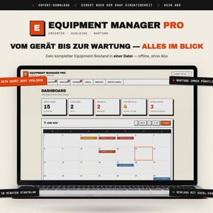 Może przedstawiać: Ekran laptopa z interfejsem oprogramowania Equipment Manager Pro, zawierający pulpit nawigacyjny ze statystykami inwentarza oraz widok kalendarza na czerwiec 2028 roku. Oprogramowanie posiada zakładki dotyczące konserwacji, napraw i etykiet.