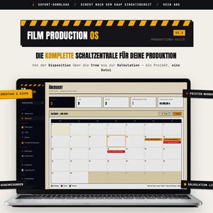 Może przedstawiać: Ekran laptopa wyświetlający interfejs oprogramowania Film Production OS, zawierający widok kalendarza na czerwiec 2026 roku, metryki projektu oraz menu nawigacyjne. Projekt wykorzystuje czarno-biało-żółtą kolorystykę z różnymi etykietami tekstowymi.