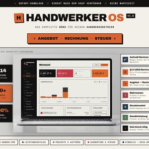 May include: A digital software interface titled Handwerker OS V1.0 displayed on a laptop screen. The dashboard features a bar chart, financial data, and a sidebar with modules for invoices, tax, and project management in orange, black, and white.