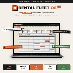 May include: A laptop screen displaying the Rental Fleet OS software interface with a calendar dashboard. The graphic includes text labels such as See your utilization instantly, Whole schedule at a glance, Never miss an overdue return, and Inspections always on time, along with summary boxes for modules, offline status, and units.