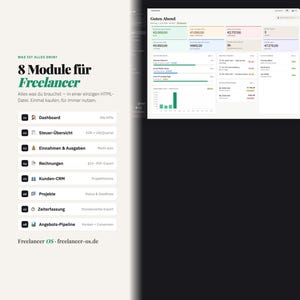 Może przedstawiać: Cyfrowy interfejs produktu zatytułowany 8 Module f&uuml;r Freelancer, zawierający listę ośmiu moduł&oacute;w zarządzania biznesem, w tym Dashboard, Steuer-&Uuml;bersicht, Einnahmen & Ausgaben, Rechnungen, Kunden-CRM, Projekte, Zeiterfassung oraz Angebots-Pipeline.