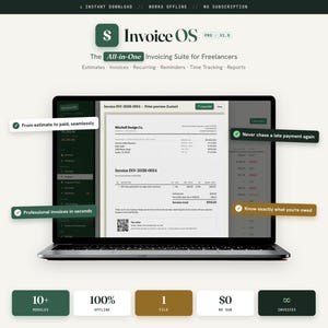 May include: A laptop displaying the Invoice OS software interface, featuring a print preview of an invoice with the text Mitchell Design Co. and Invoice INV-2026-0014. The screen includes various functional modules and informational text labels.